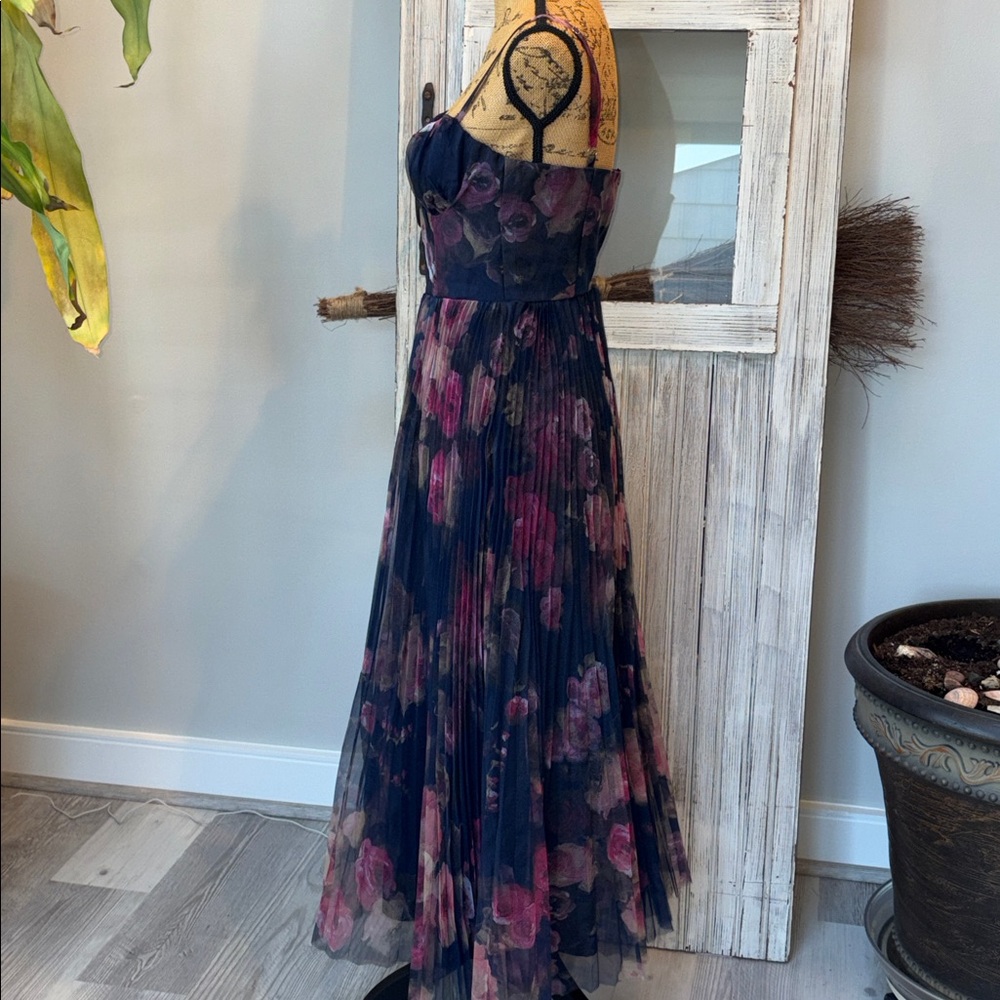 Lulu's Alluring Invite Midnight Blue Floral Pleated Bustier Midi Dress Size S - Picture 8 of 16